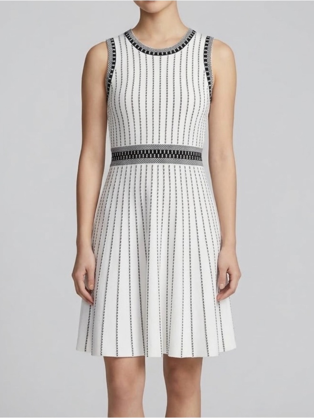 Milly White Sleeveless Knit A-Line Dress with Black Trim